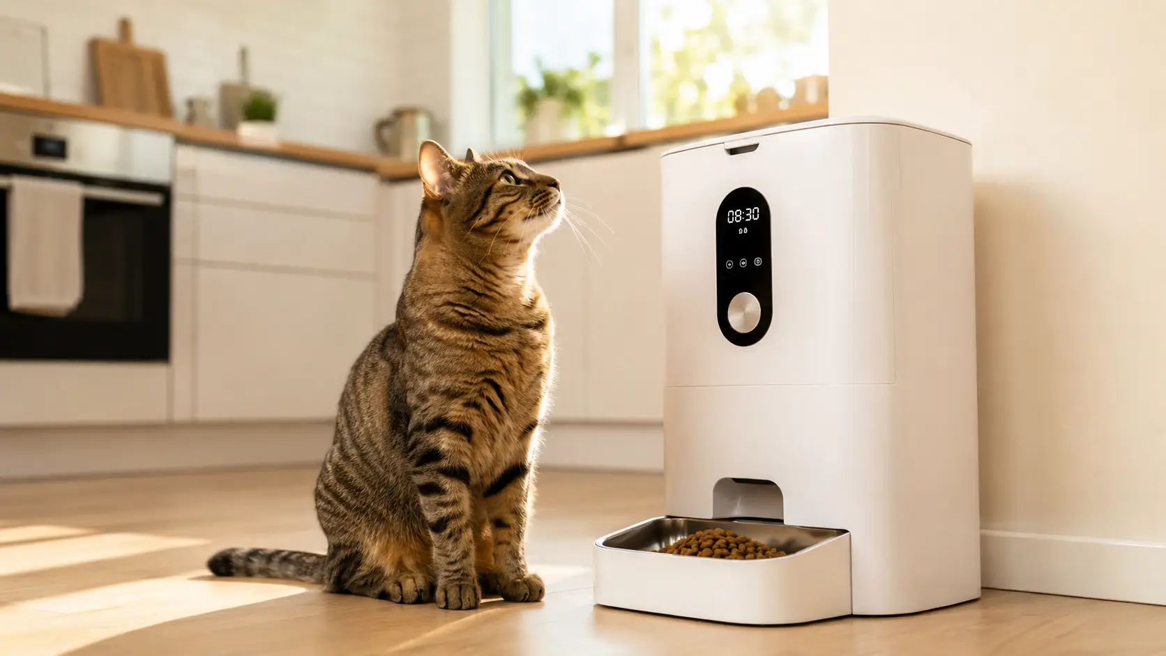 automatic pet feeder worth it - cat waiting by smart feeder